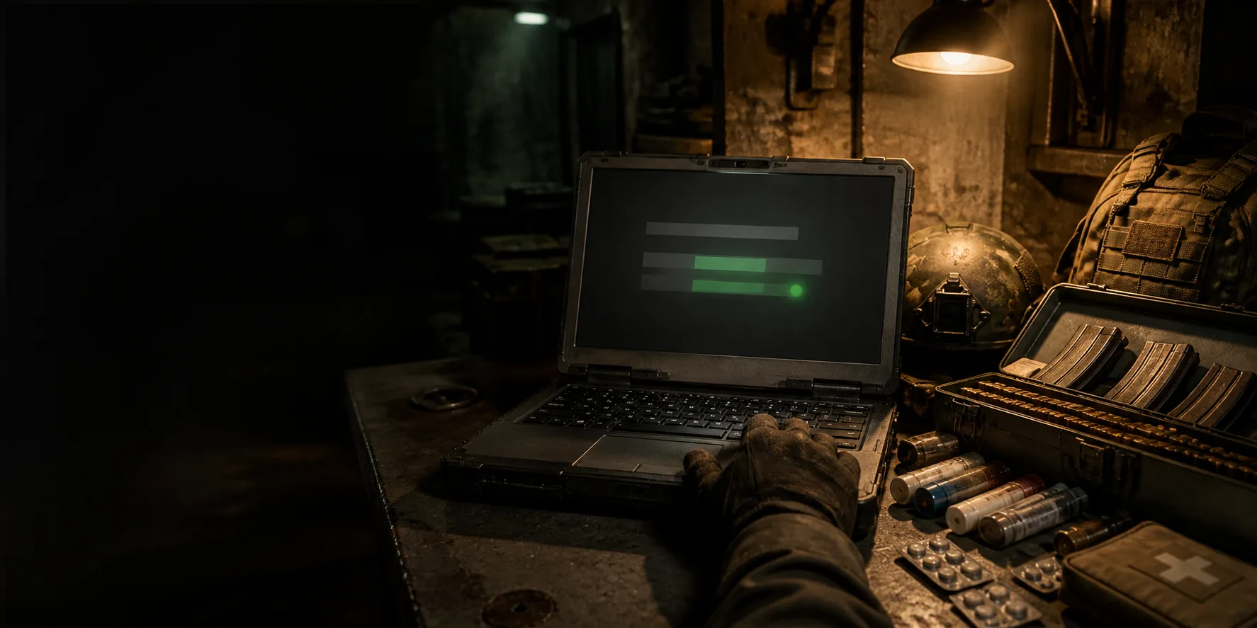 地下拠点のノートPCでコードを入力する様子